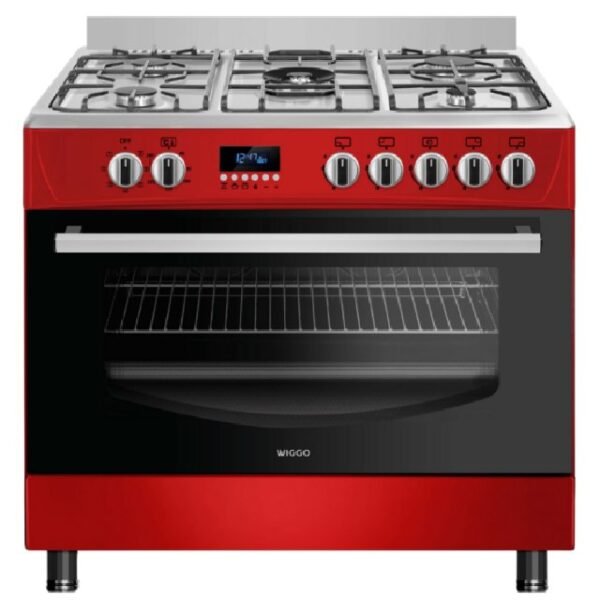 Wiggo WO-E909R(RX) Gasfornuis Rood RVS | 5 Gasbranders - Wokbrander en Grote Oven