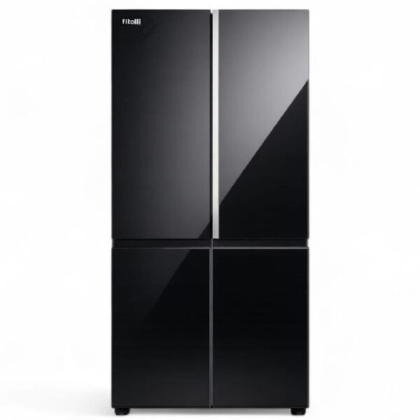 Fitelli KV475GLZW01 4 Deurs Amerikaanse koelkast / Zwart - Glazen voorkant /  475L